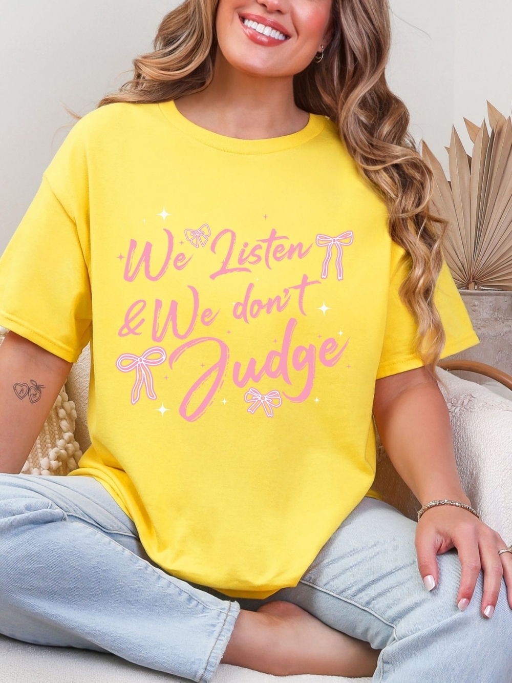 Gildan Yellow Tee with Pink 'We Listen & We don't Judge' Graphic